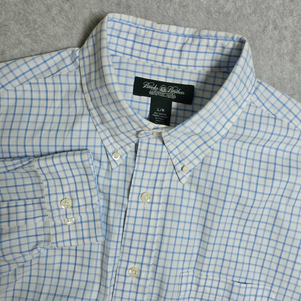 Brooks Brothers Country Club Mens Size L Checkered Shirt Blue Dress Button Down